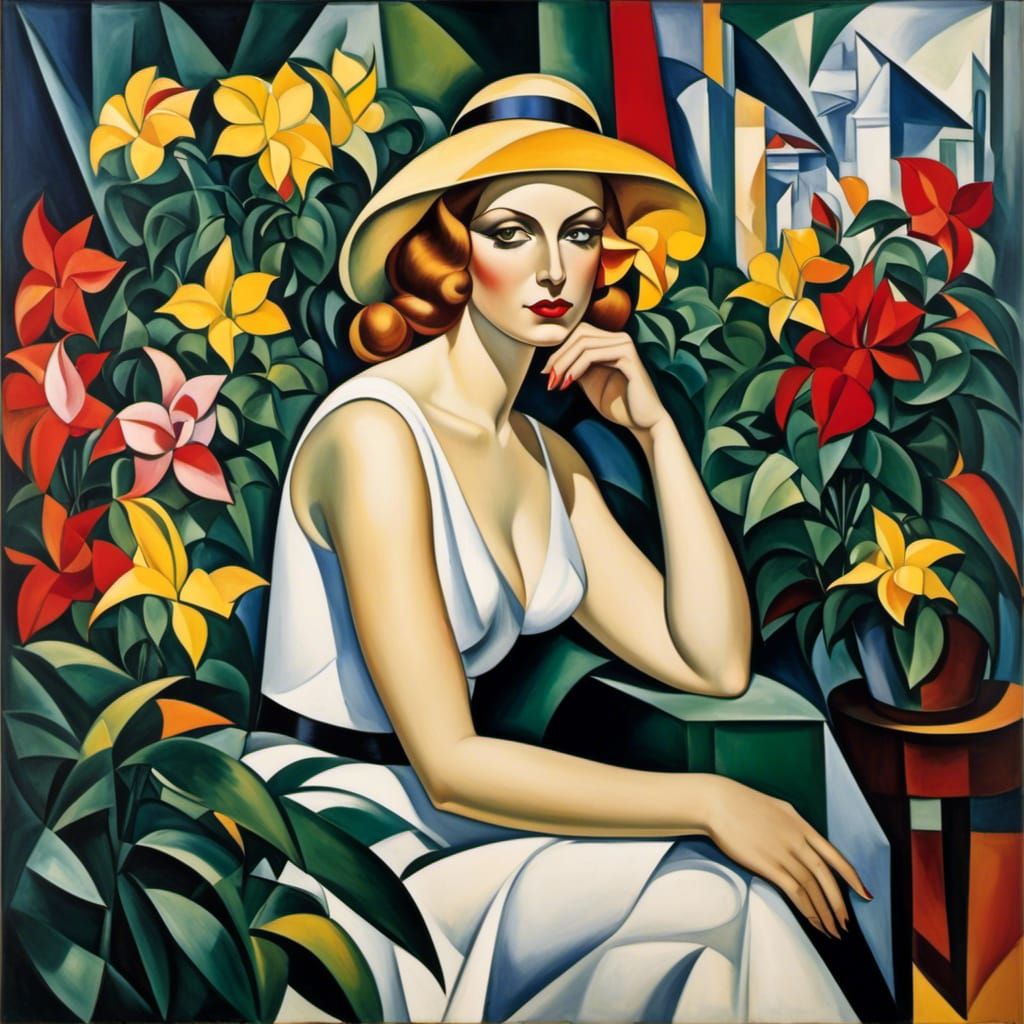 Woman on Garden Bench in Cubist Art Deco Style