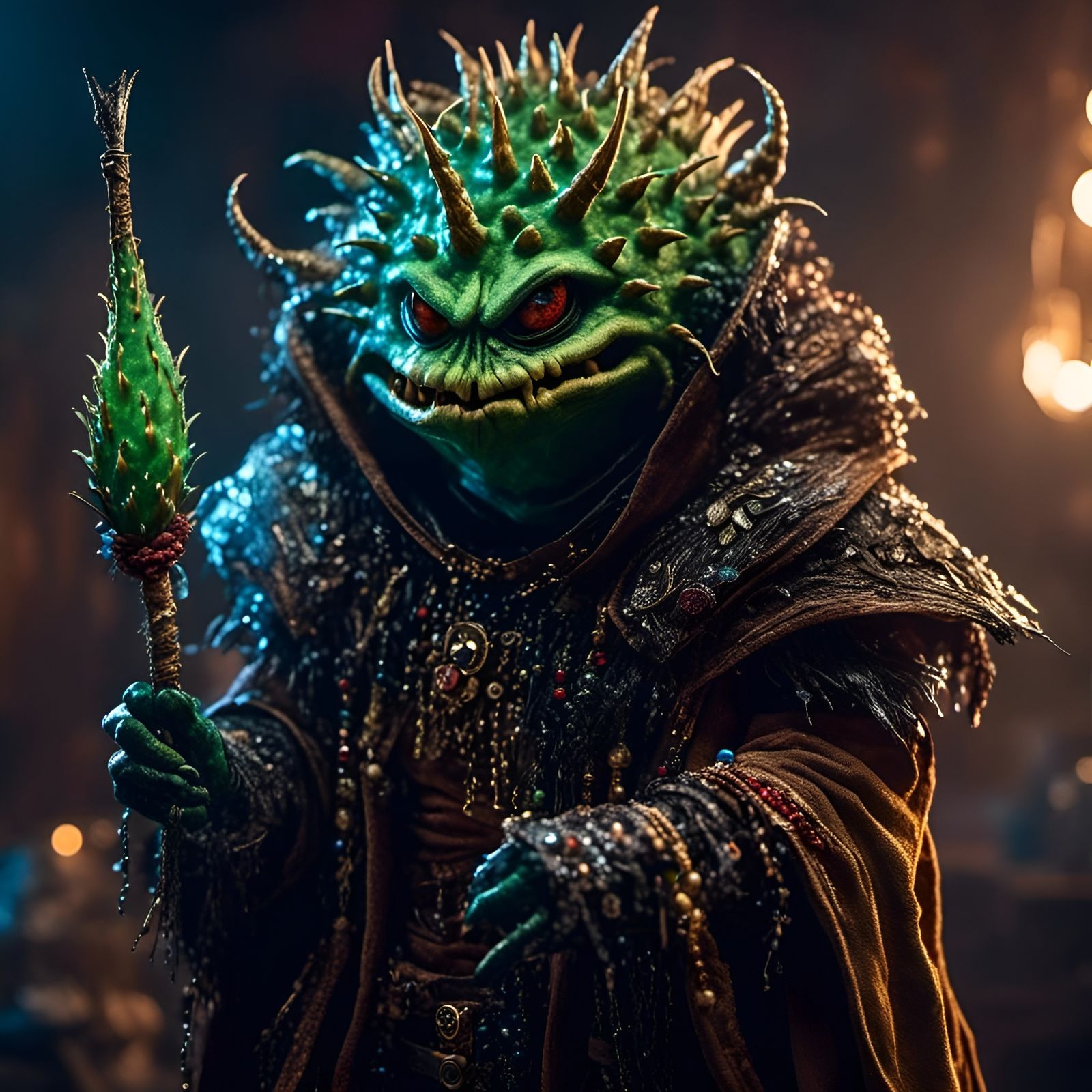 Electric Thistle Monster with Magical Staff