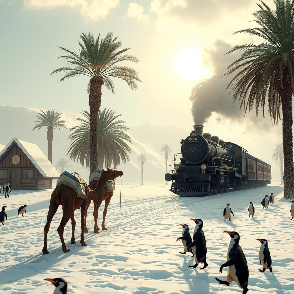 Surreal Snow Oasis with Camel Caravan