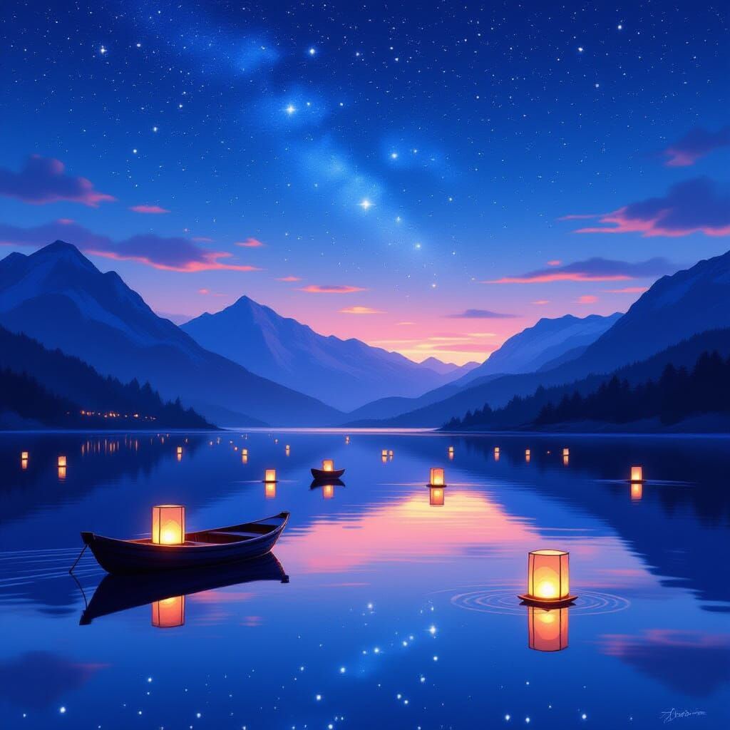 Starry Lake Reflection with Floating Lanterns