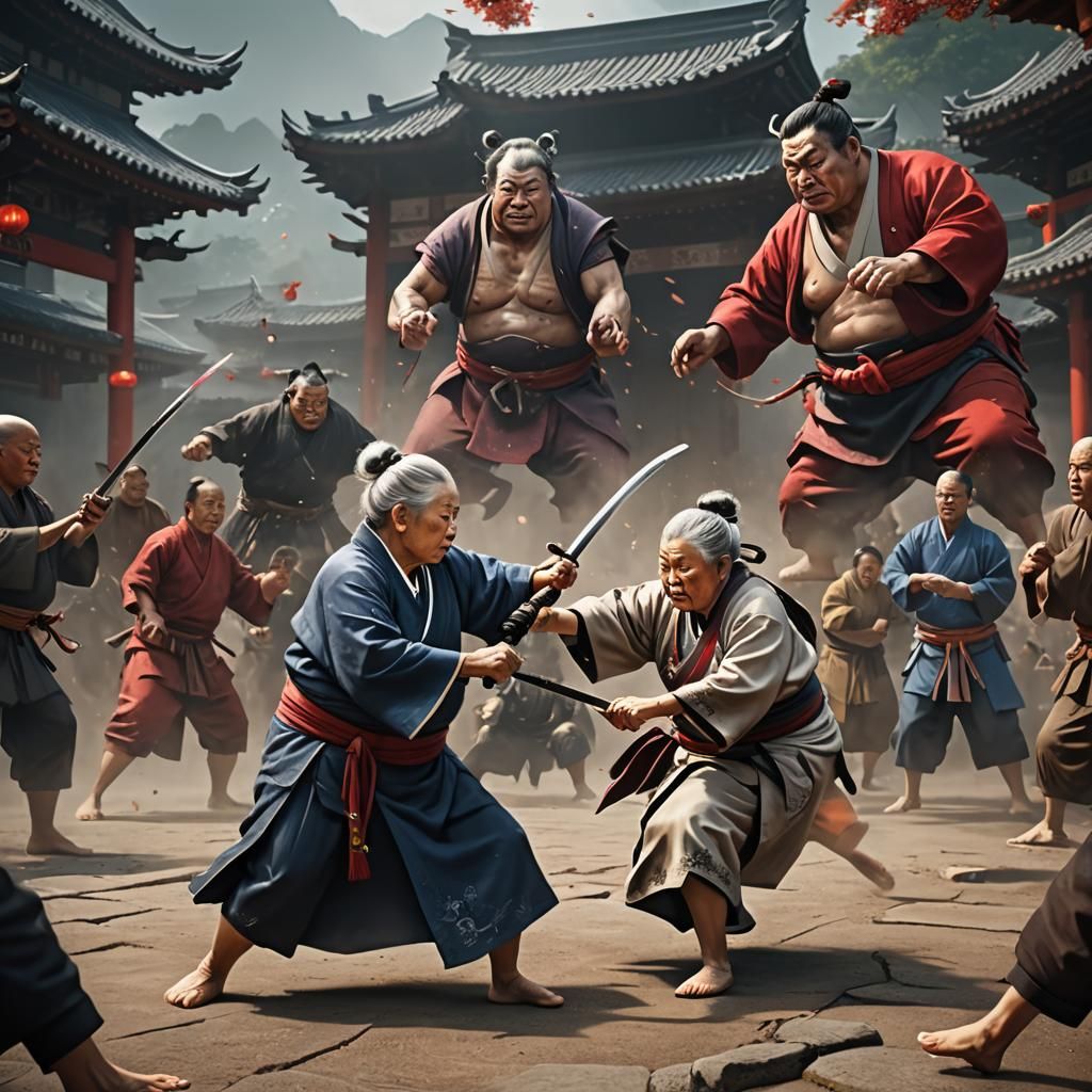 Kung Fu Granny Versus Sumo: Detailed Digital Art