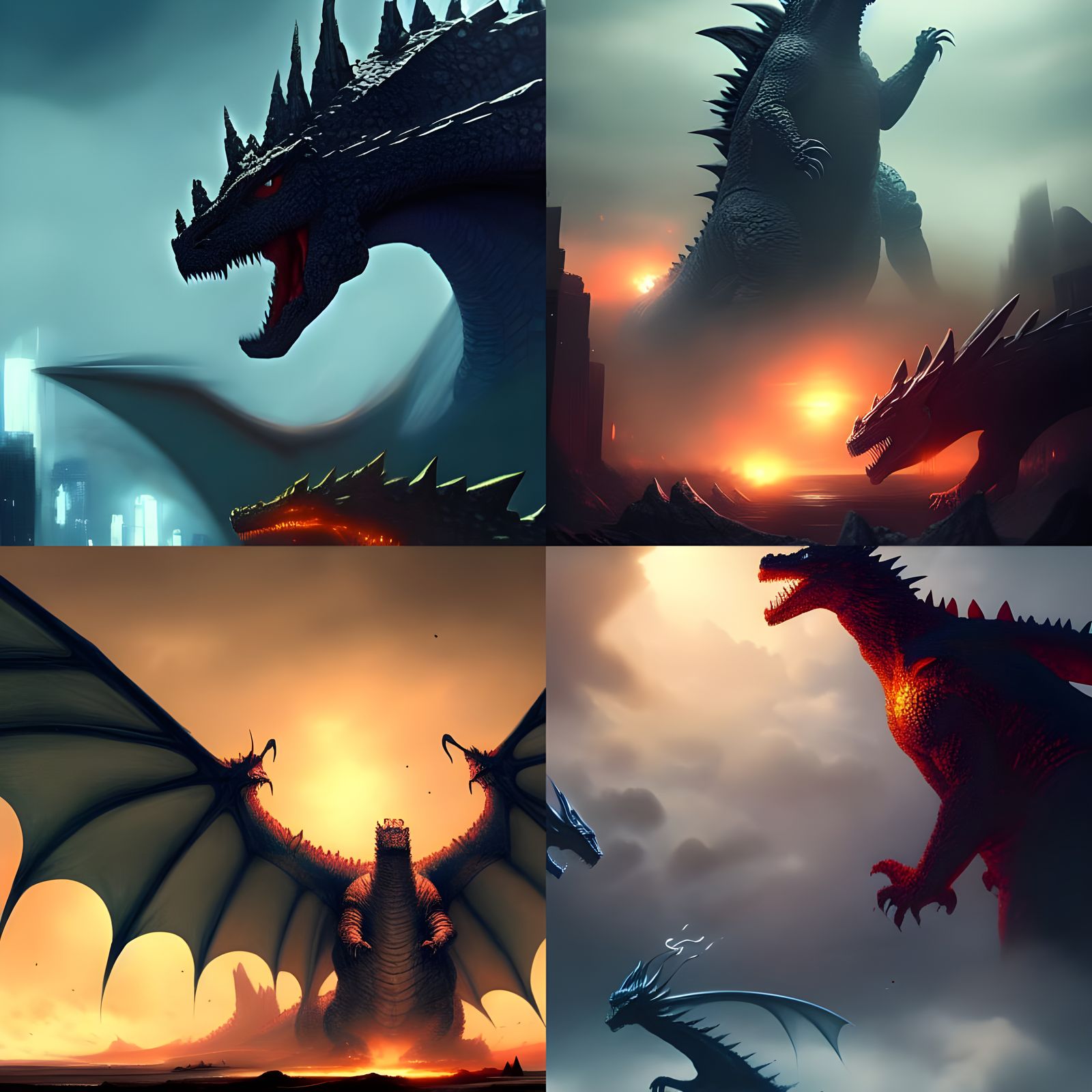 Dragons Clash with Godzilla: A Dark Fantasy Concept