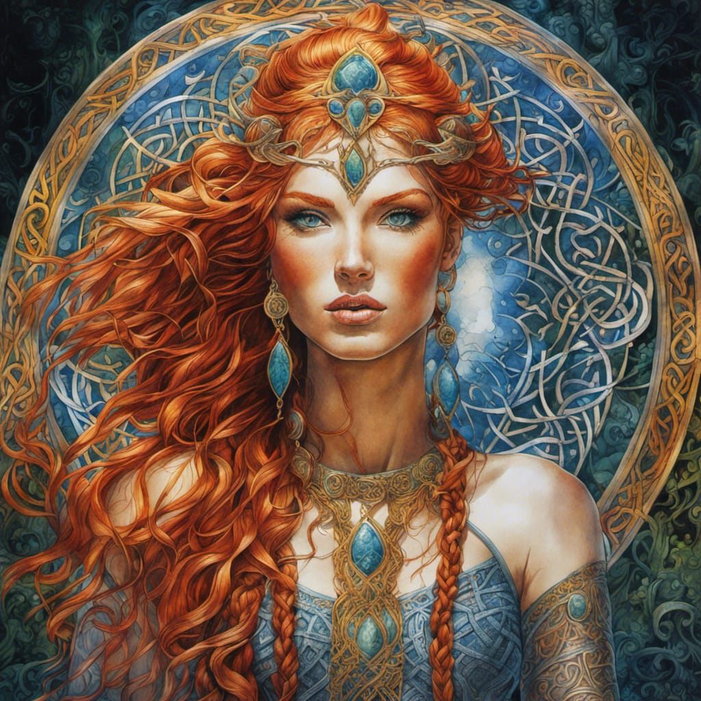 Redhead Goddess Portrait with Celtic Knotwork in Watercolor
