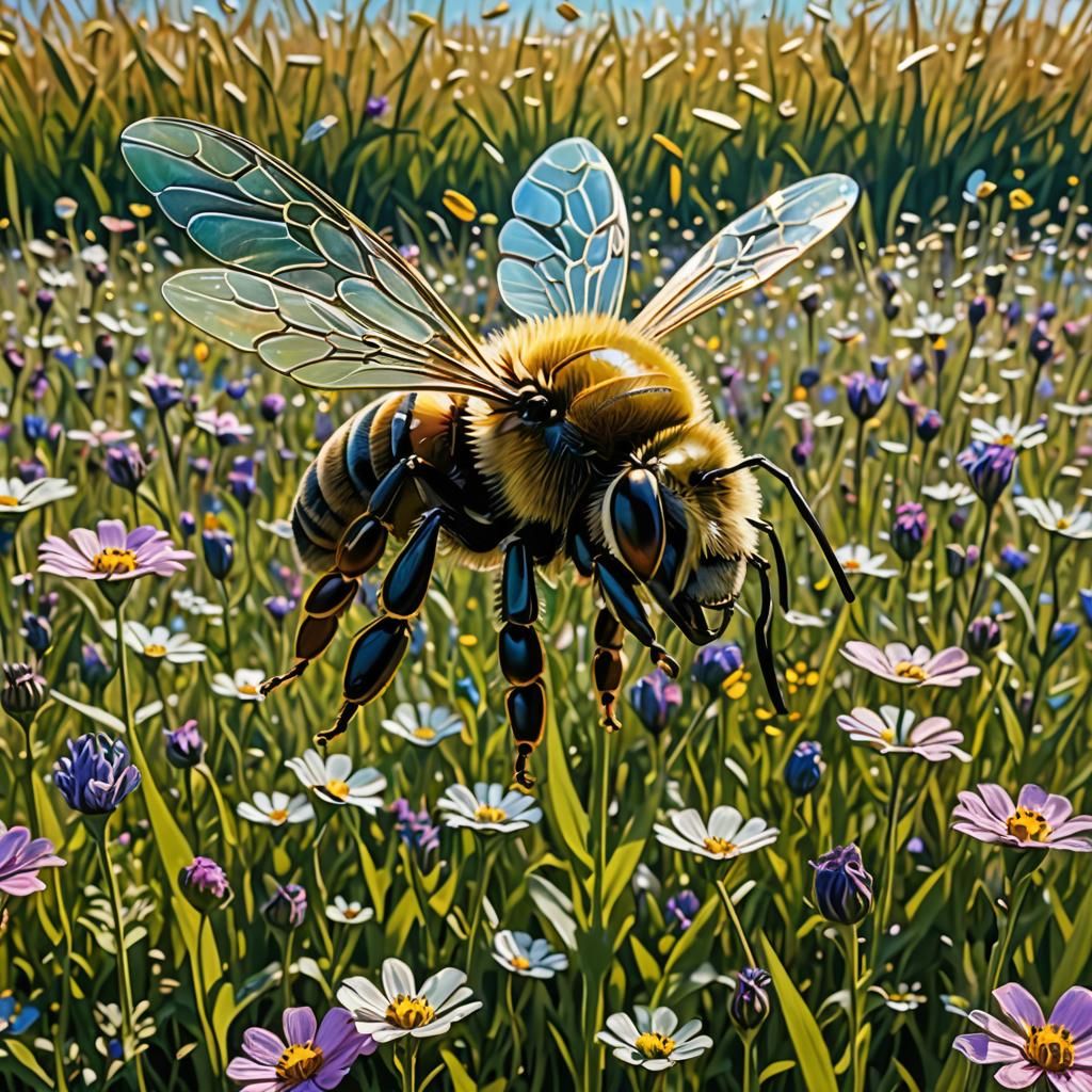 Surreal Bee with Buzz Wings Over Meadow