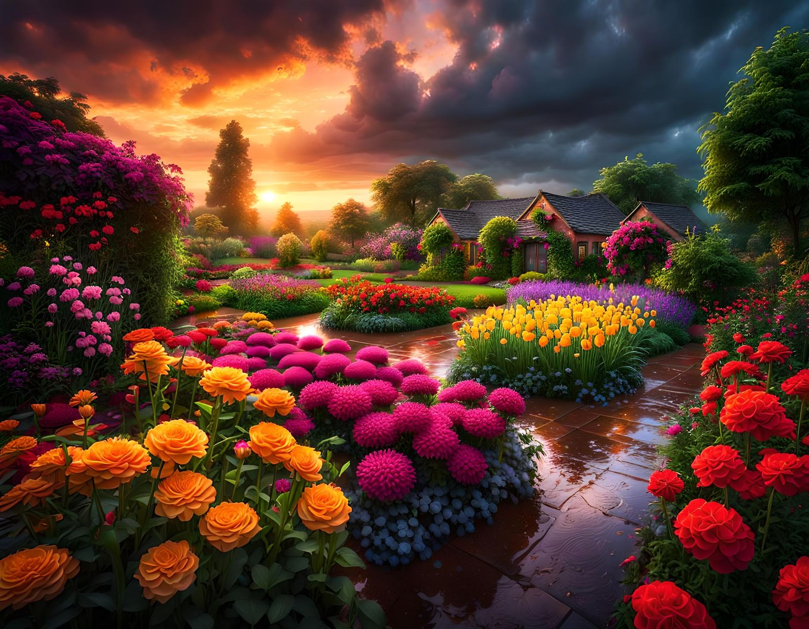 Rainy Flower Garden in Vibrant Concept Art Style