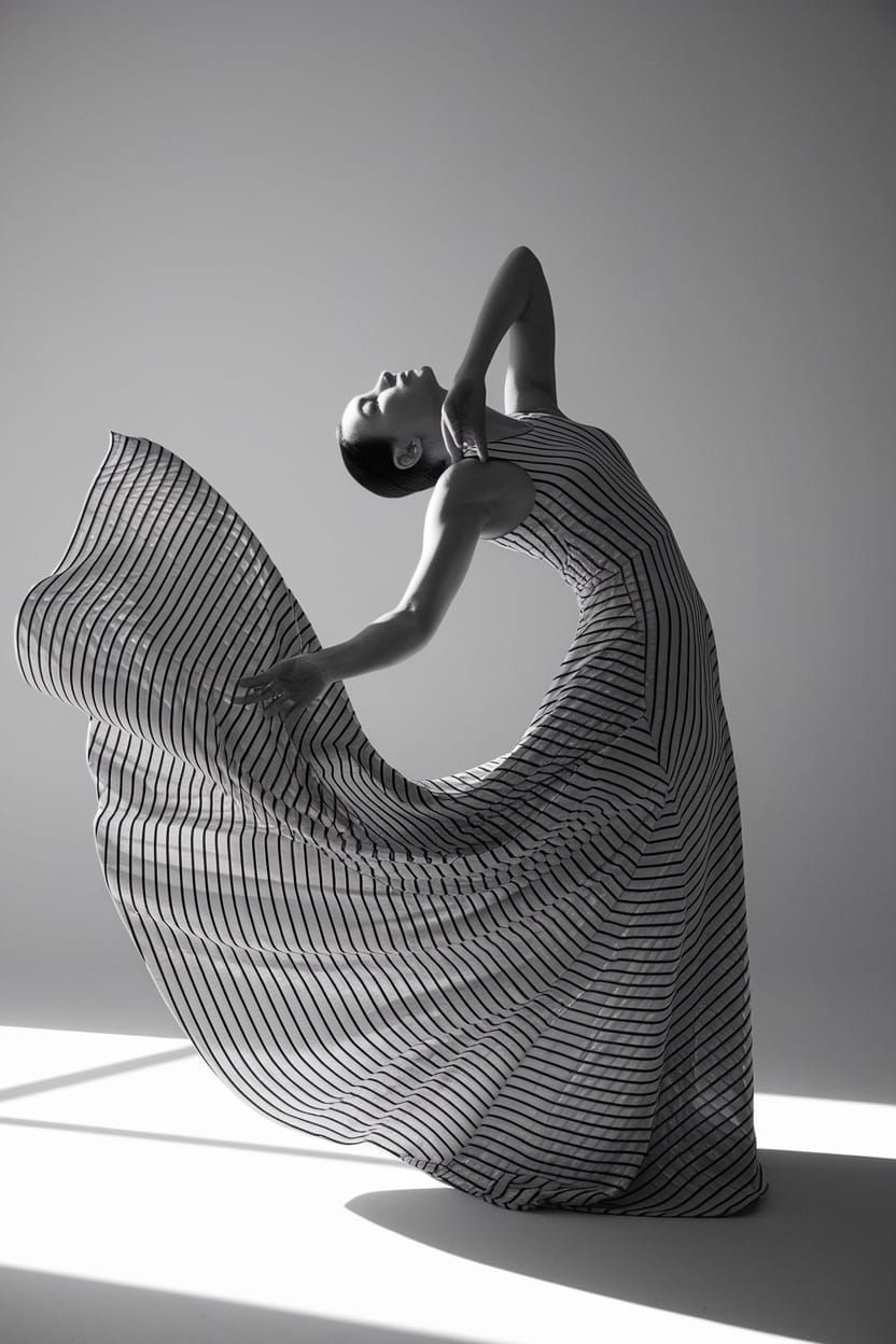 Elegant Woman in Striped Dress, Minimalist Black and White P...