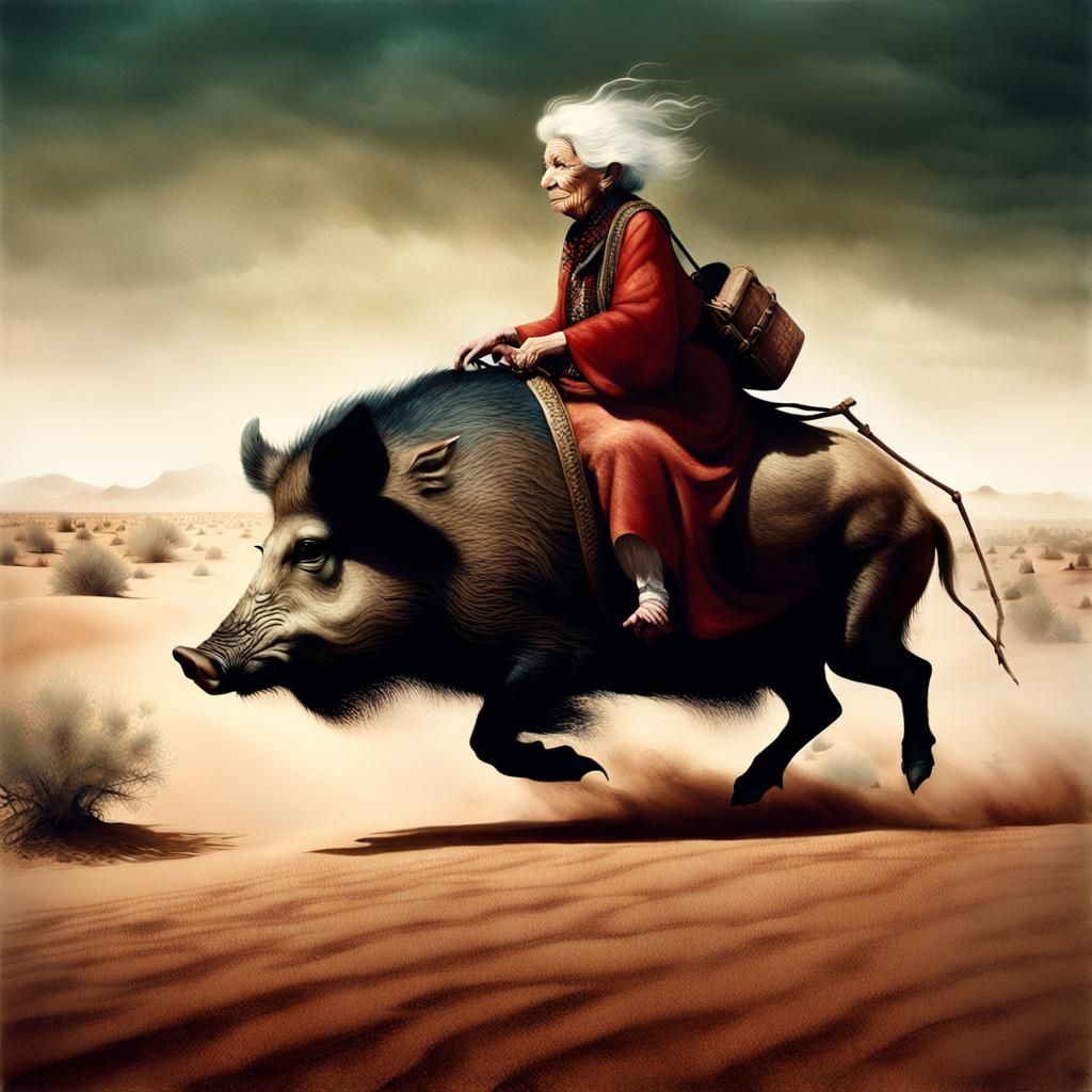 Vintage Photo of Woman Riding Wild Boar