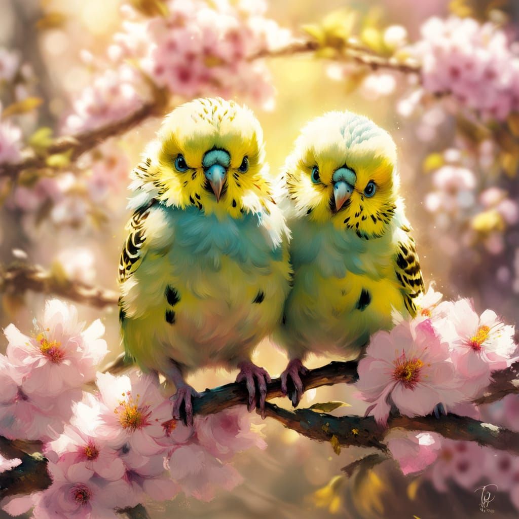 Whimsical Budgerigars Perch on Blossoming Tree in a Fine Art...