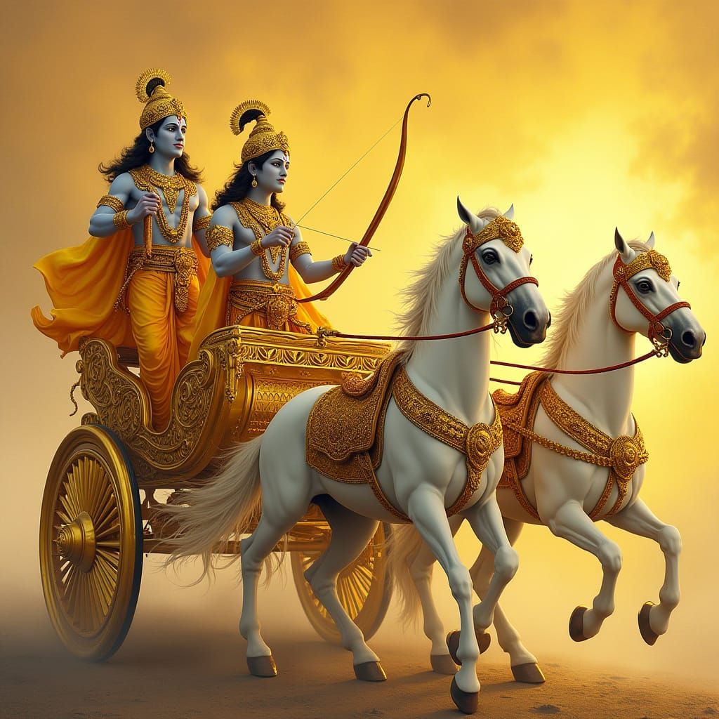 Krishna and Arjuna on Kurukshetra Battlefield in Folk Art St...