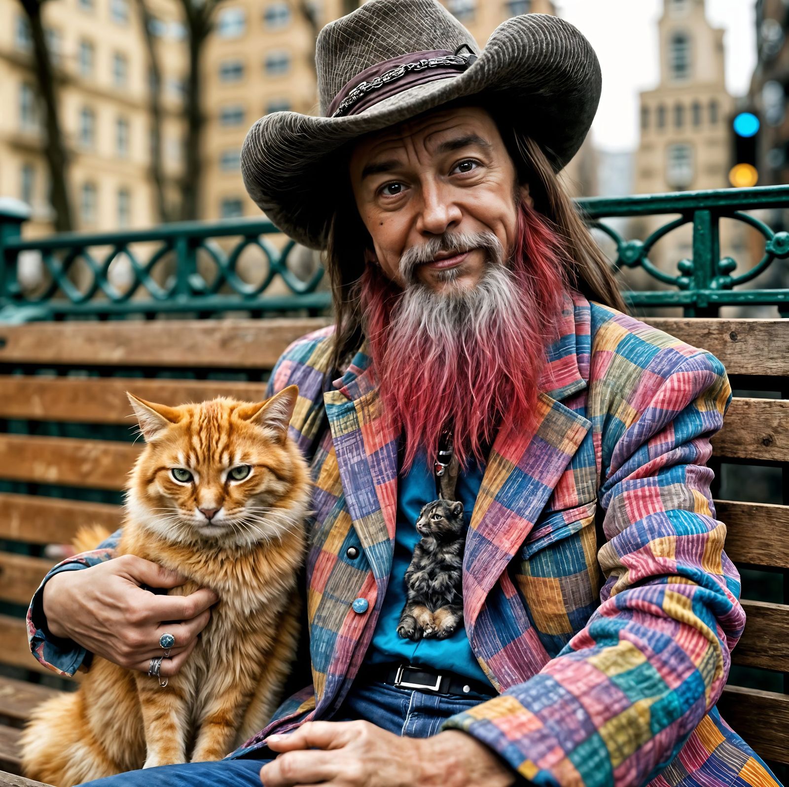 Flamboyant Eccentric Man Sits with Loyal Cat in Dystopian Vi...