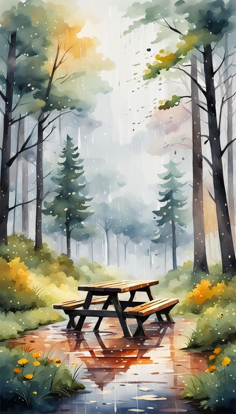 Watercolor Rainy Picnic in Misty Forest