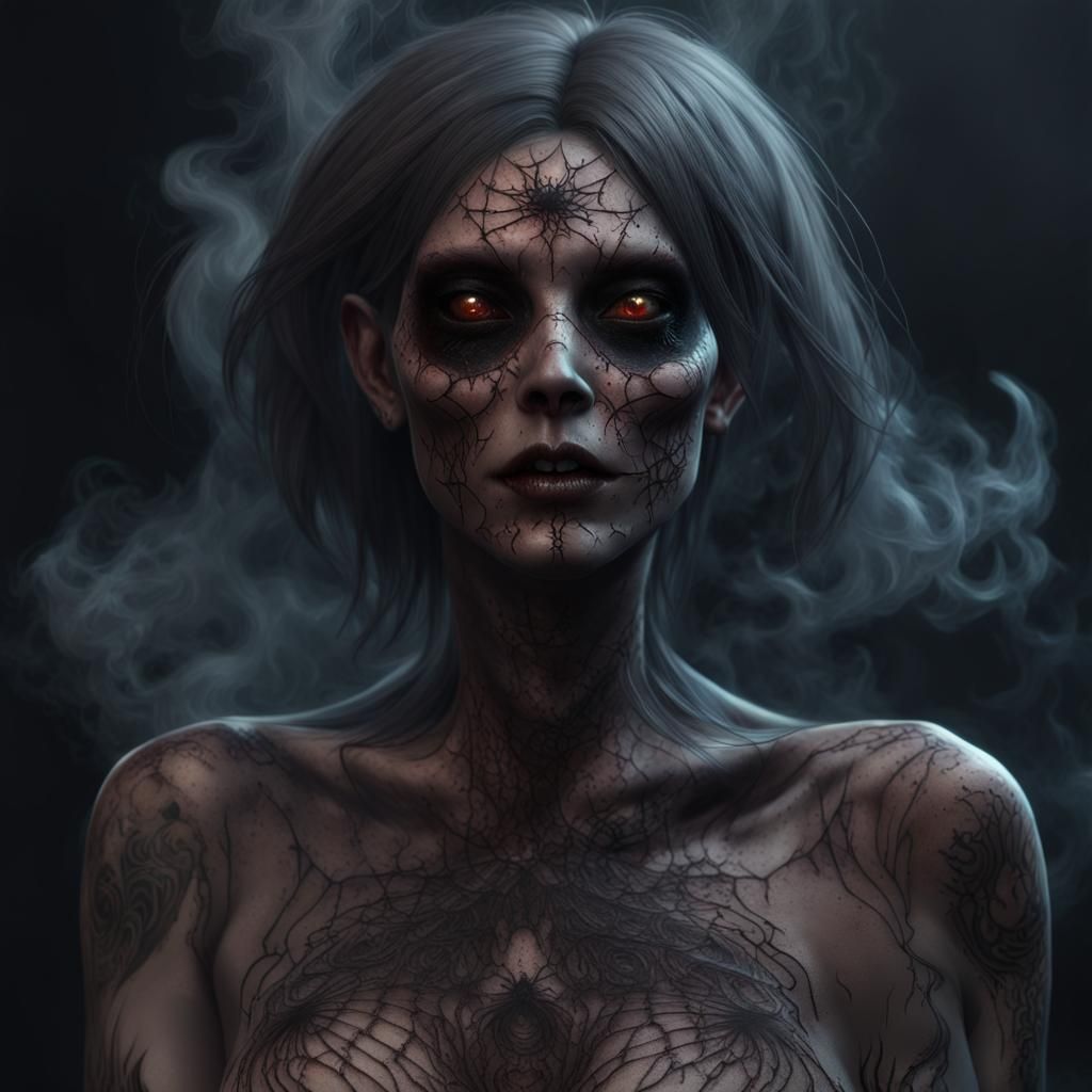 Eerie Ghoul Portrait with Spider Tattoos in Surrealist Style