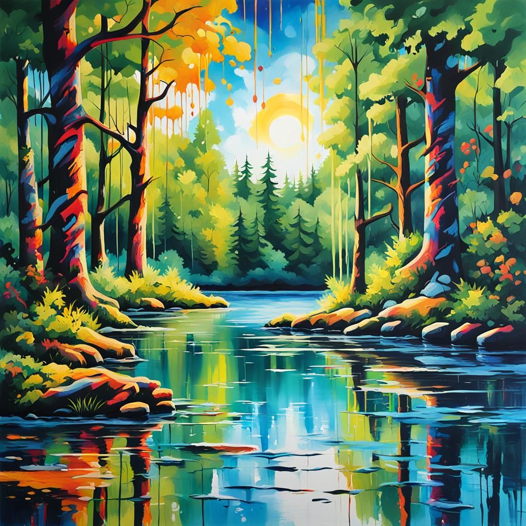 Lake and Woods in Vibrant Graffiti Splash Art