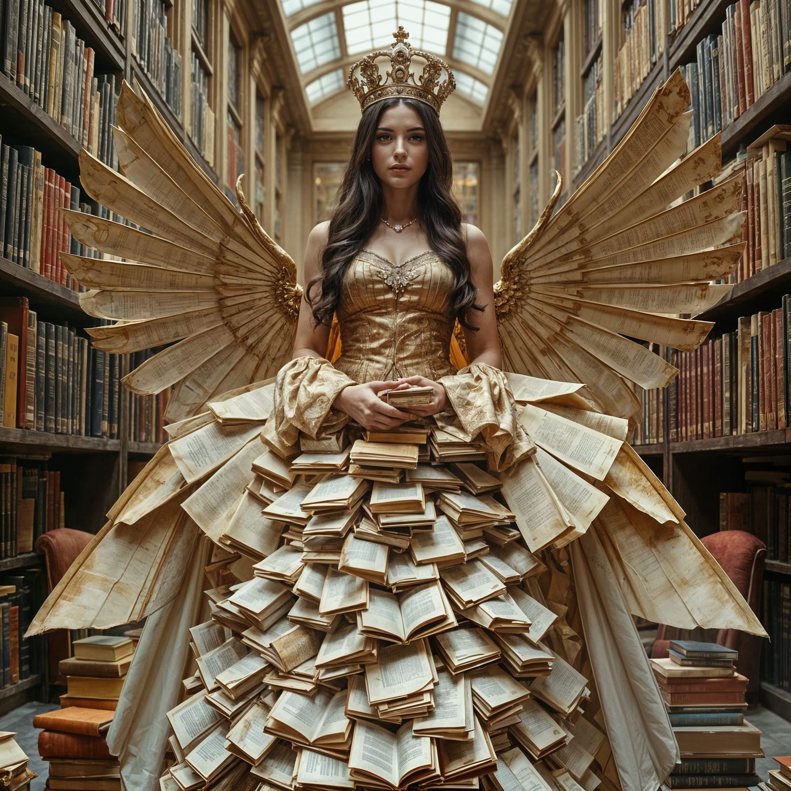 Regal Queen of the Library in a Dress of Books and Pages