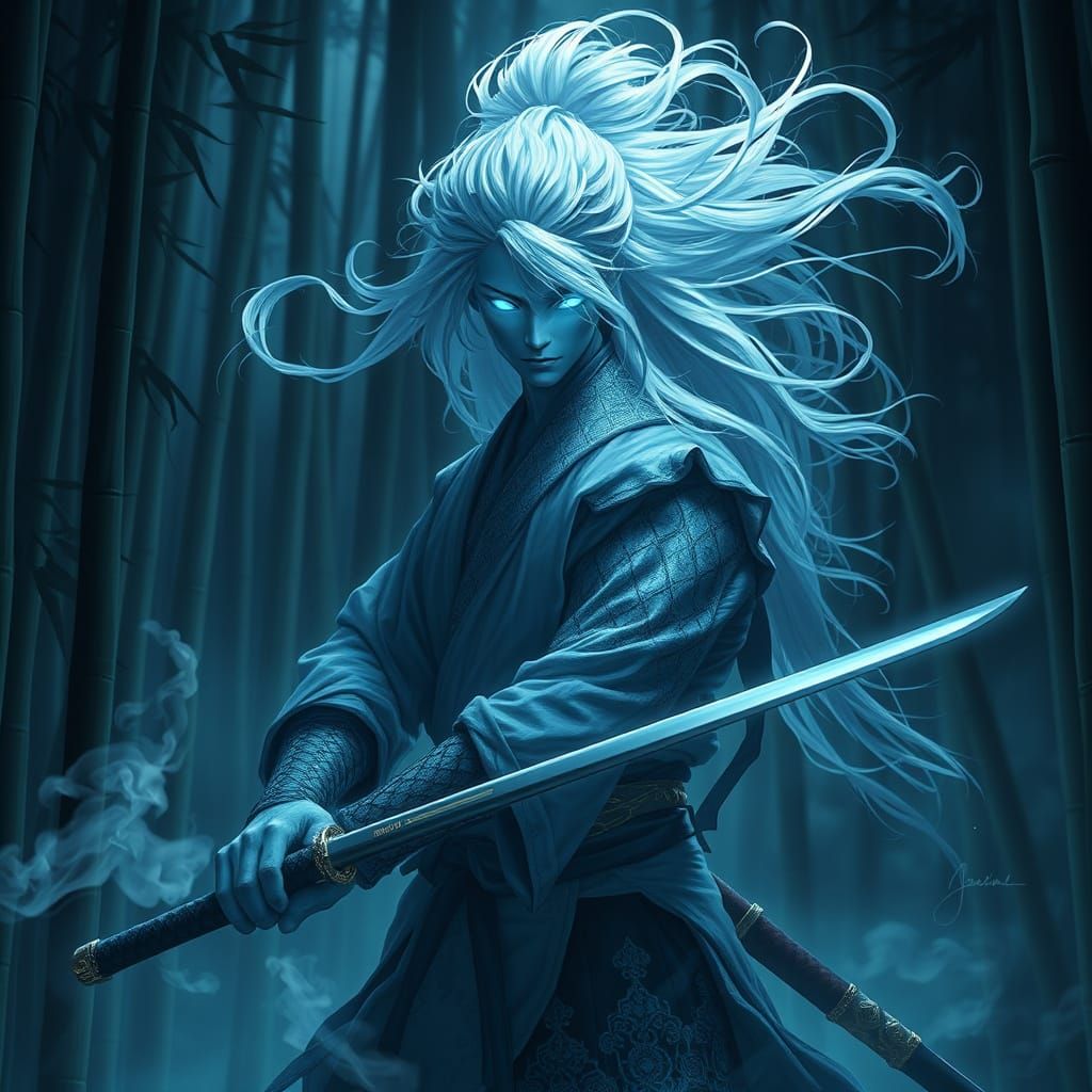 Ethereal Samurai Warrior in Bamboo Forest