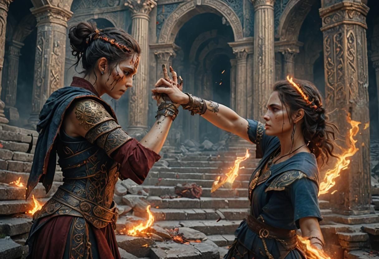 Two sorceresses fight near a magic school