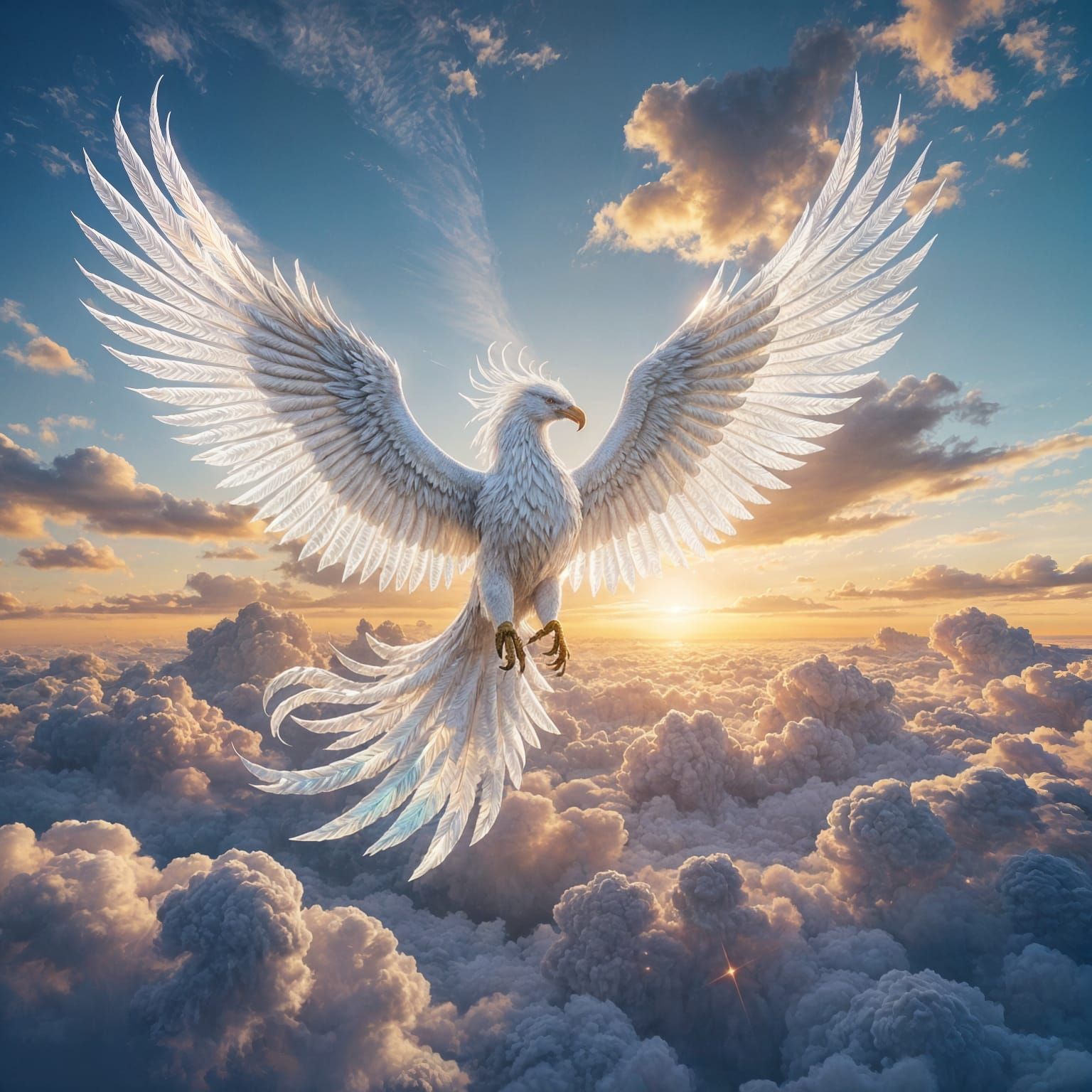 Majestic Diamond Griffin Soars Through Ethereal Clouds