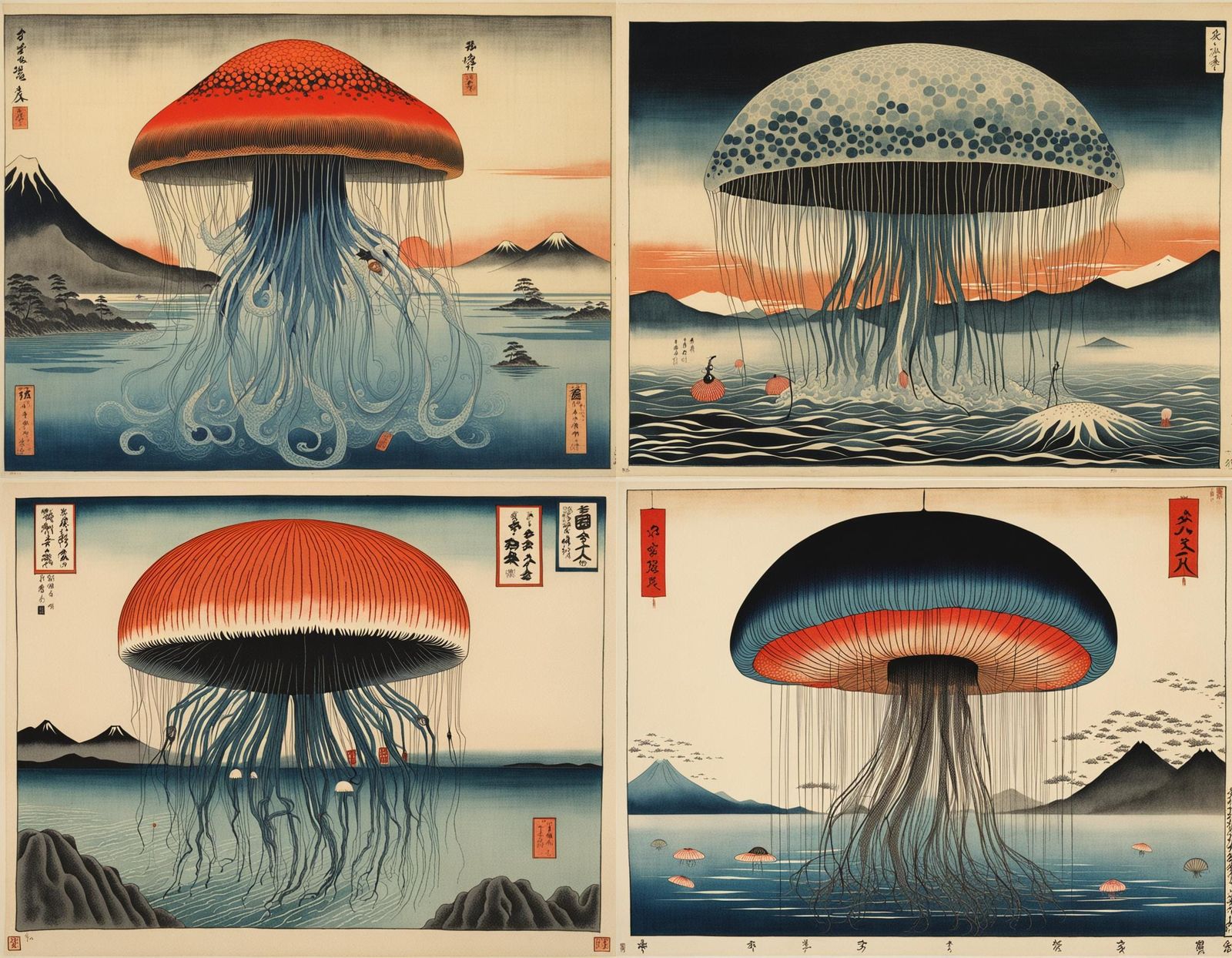 Surreal Fuji Jellyfish: Japanese Print Style