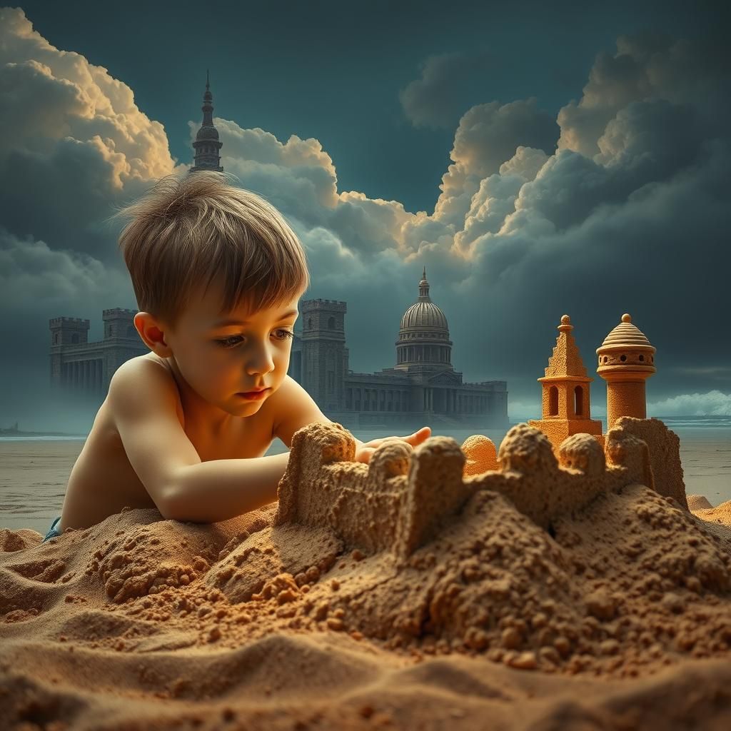 Boy Builds Sandcastle: Surrealist Close-Up Portrait