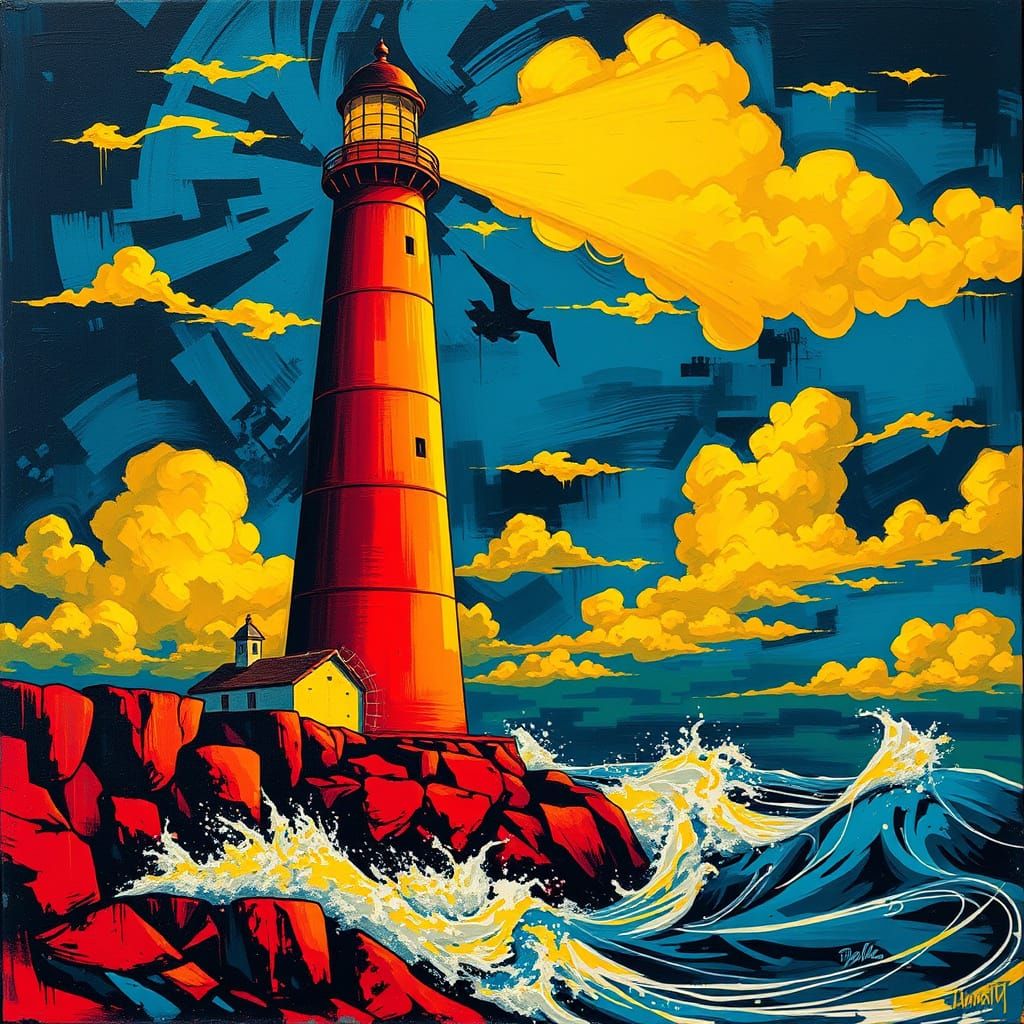 Tempestuous Lighthouse in Polychromatic Graffiti Art Style