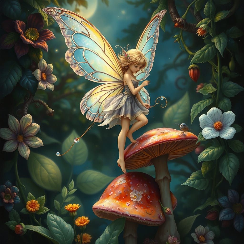 Whimsical Fairy Posed on a Mushroom, in a Dreamlike Art Nouv...