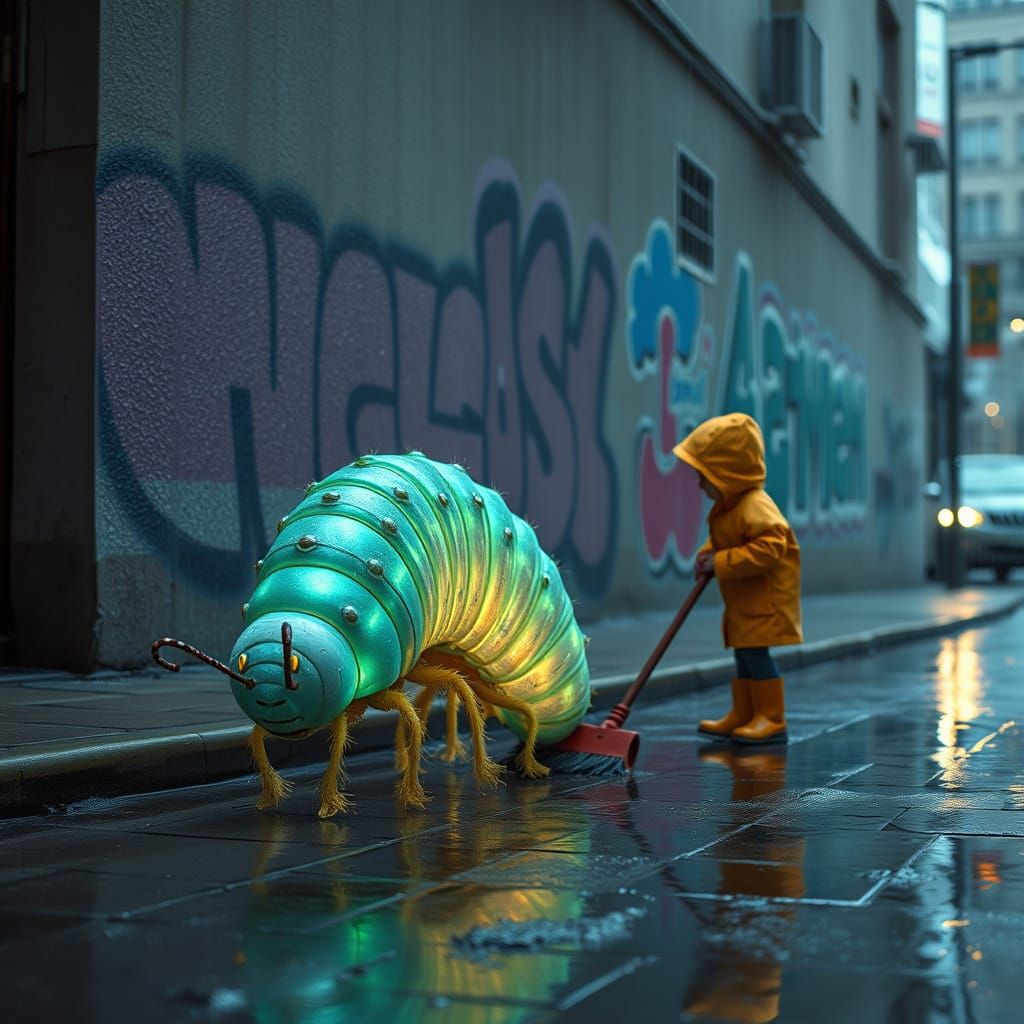 Bioluminescent Caterpillar Street Sweeper in Surreal Art