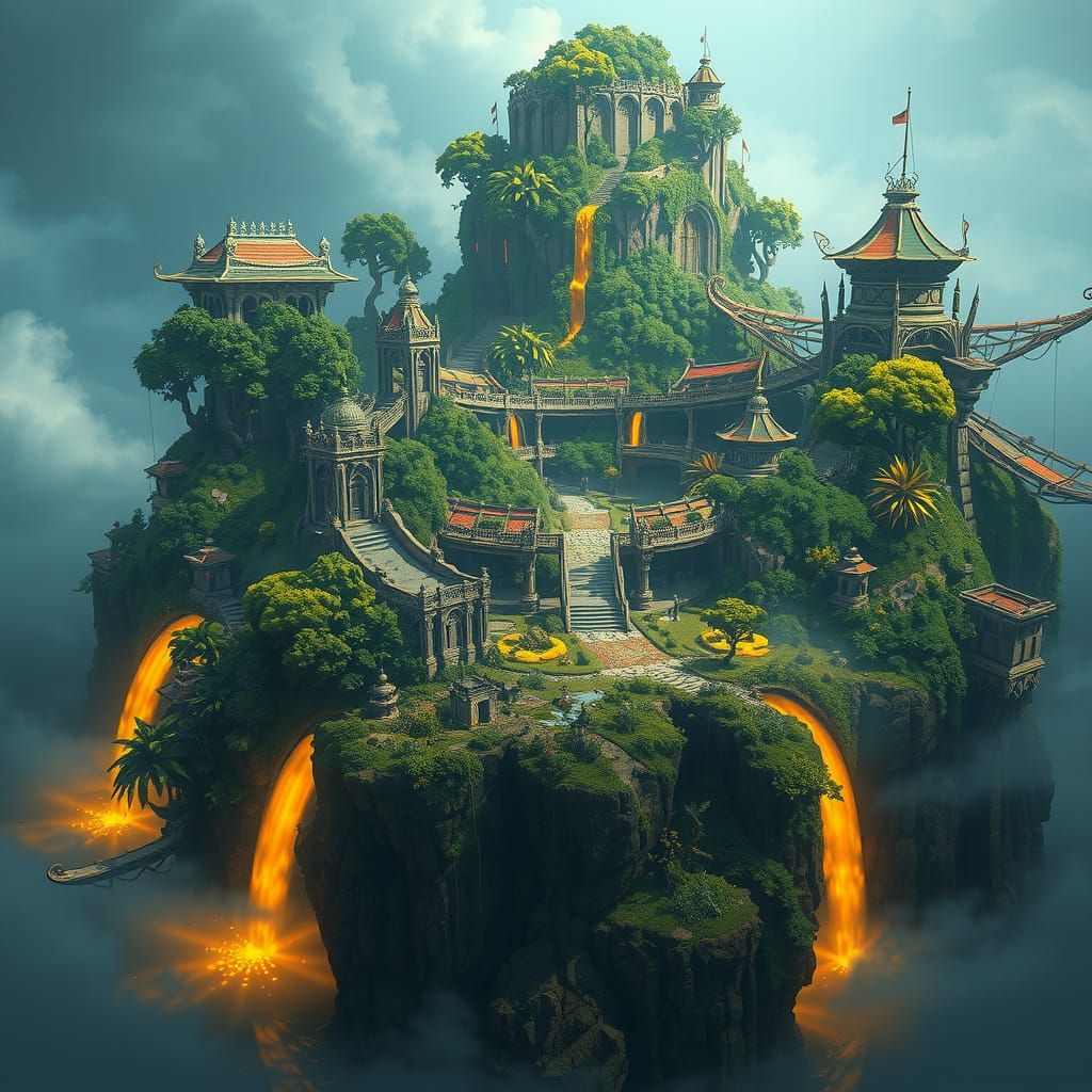 Lush Island Landscape with Ancient Ruins