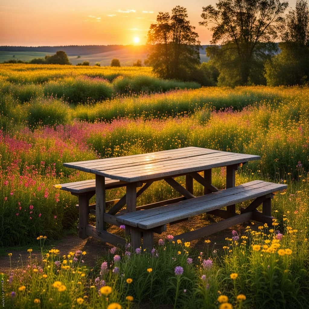 Sunset Over Wildflower Field With Table