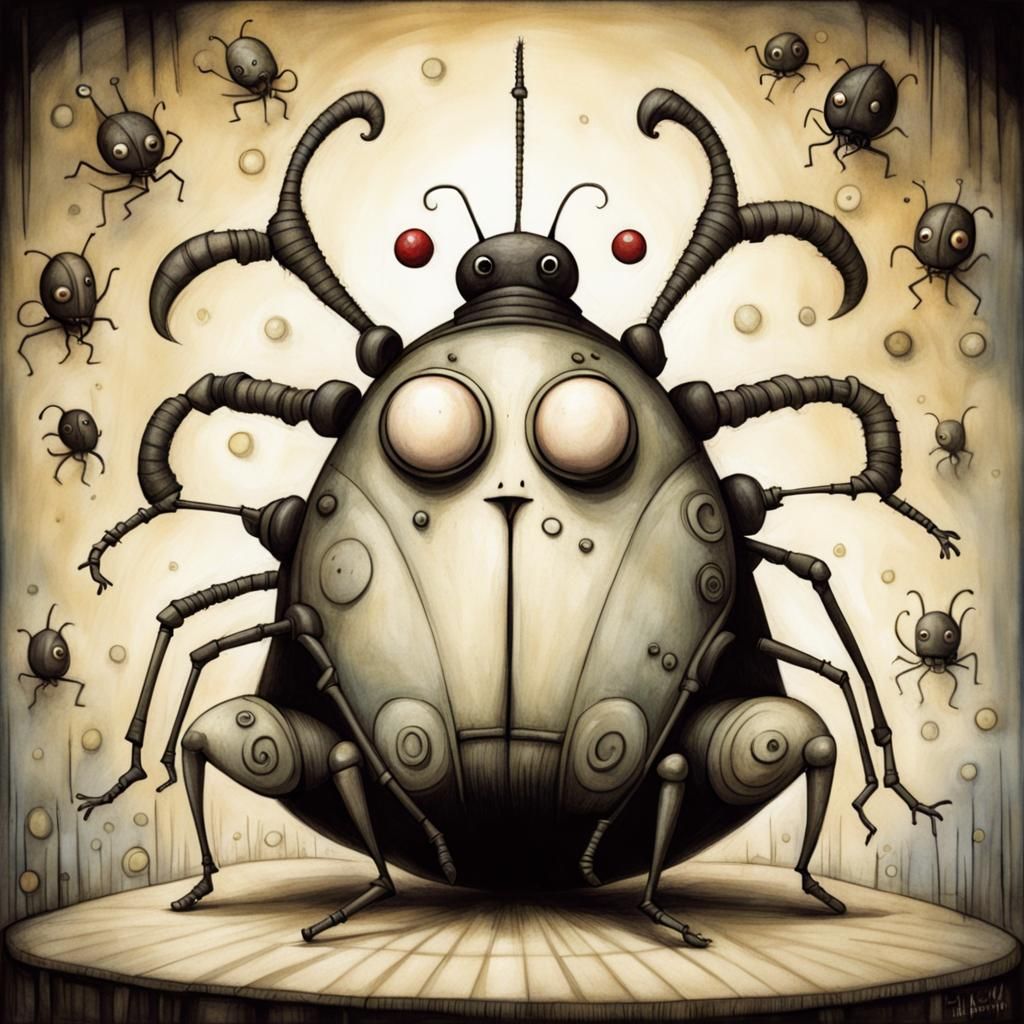 Billie Bug Rolling on Carpet, Dark Surreal Illustration