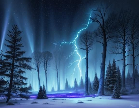 Ethereal Ice Wolf in Bioluminescent Winter Landscape