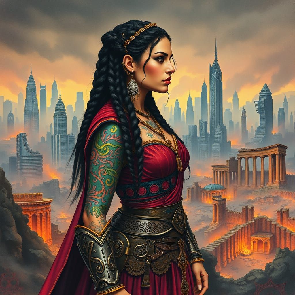 Latina Warrior Emerges in Dystopian Watercolor Cityscape