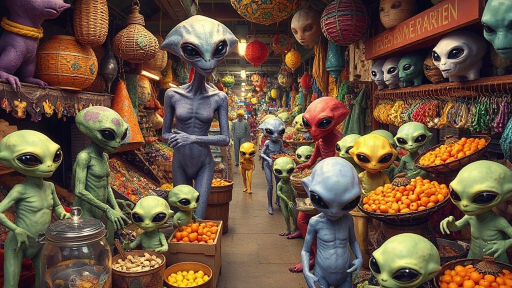 Bustling Alien Market with Diverse Extraterrestrial Shoppers