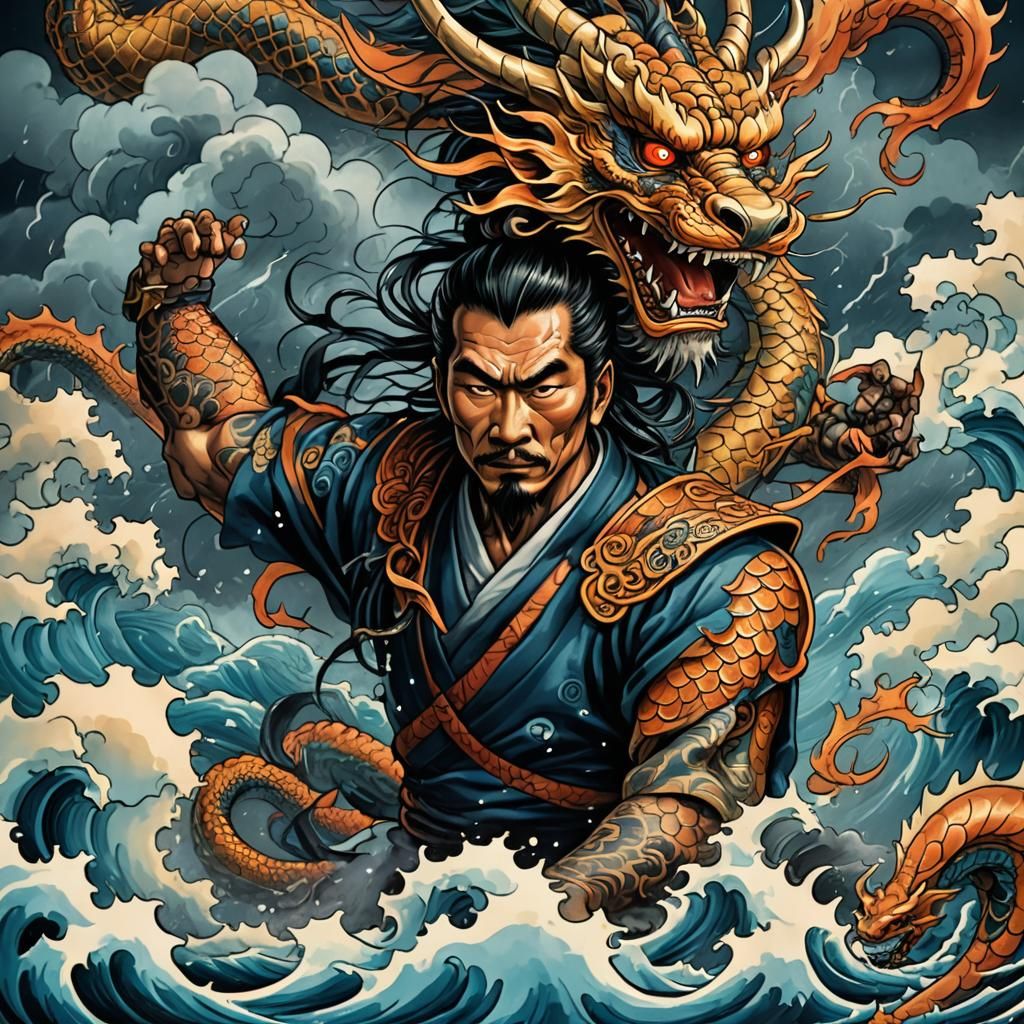 Samurai Dragon Impalement in Yakuza Tattoo Style