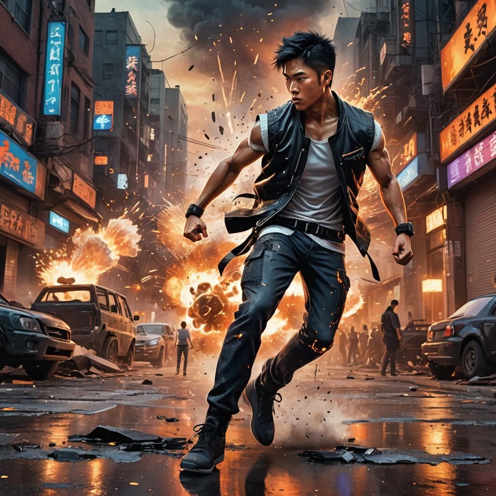 Martial Artist Amidst War-Torn City at Dusk