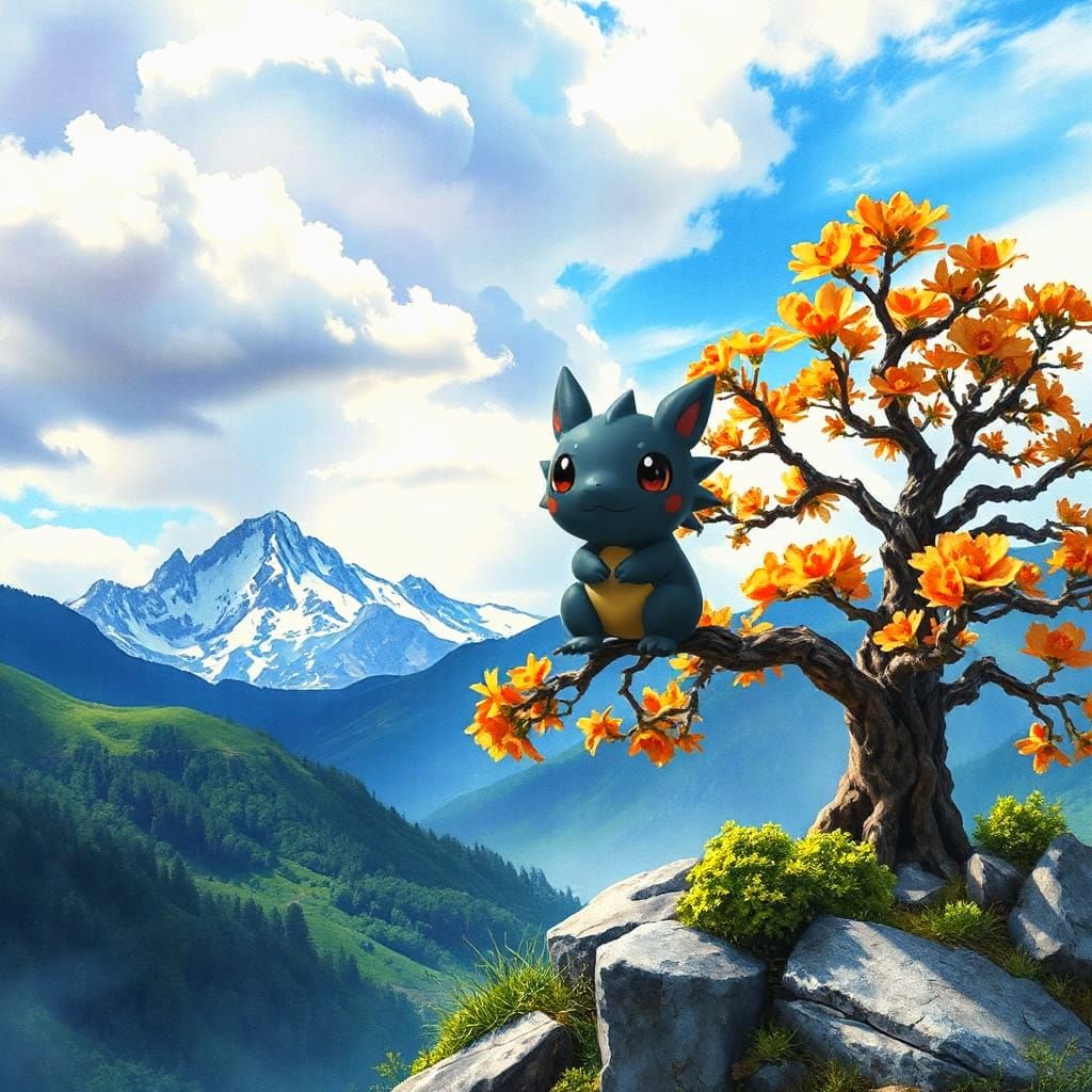 Whimsical Pokémon Creature in a Vibrant Spring Landscape