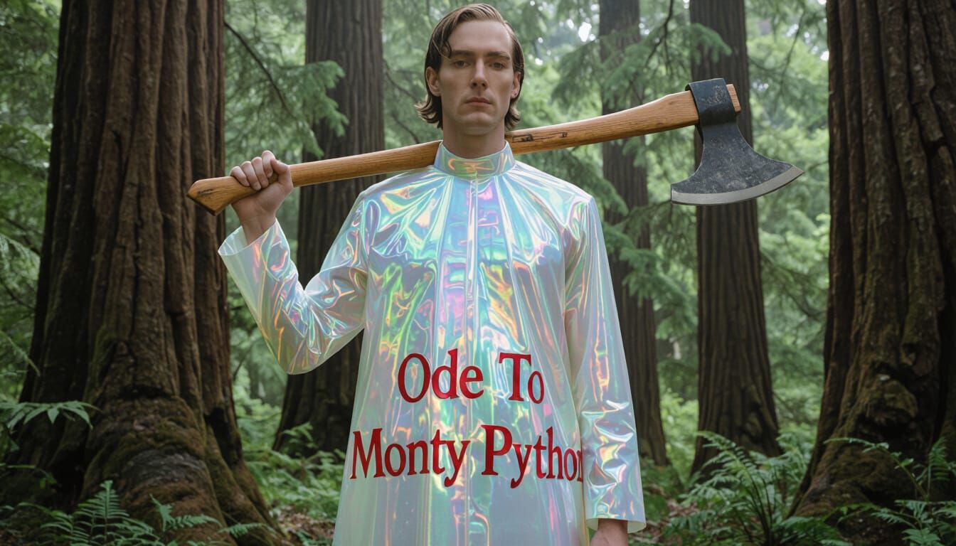 Man in Glass Dress with Logging Ax in Redwood Forest