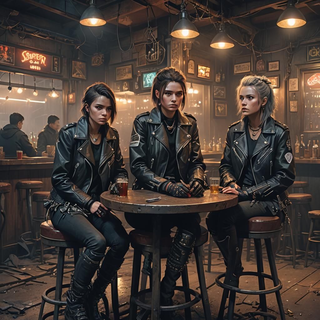 Biker Women in Gritty Bar: Neo-Noir Digital Art