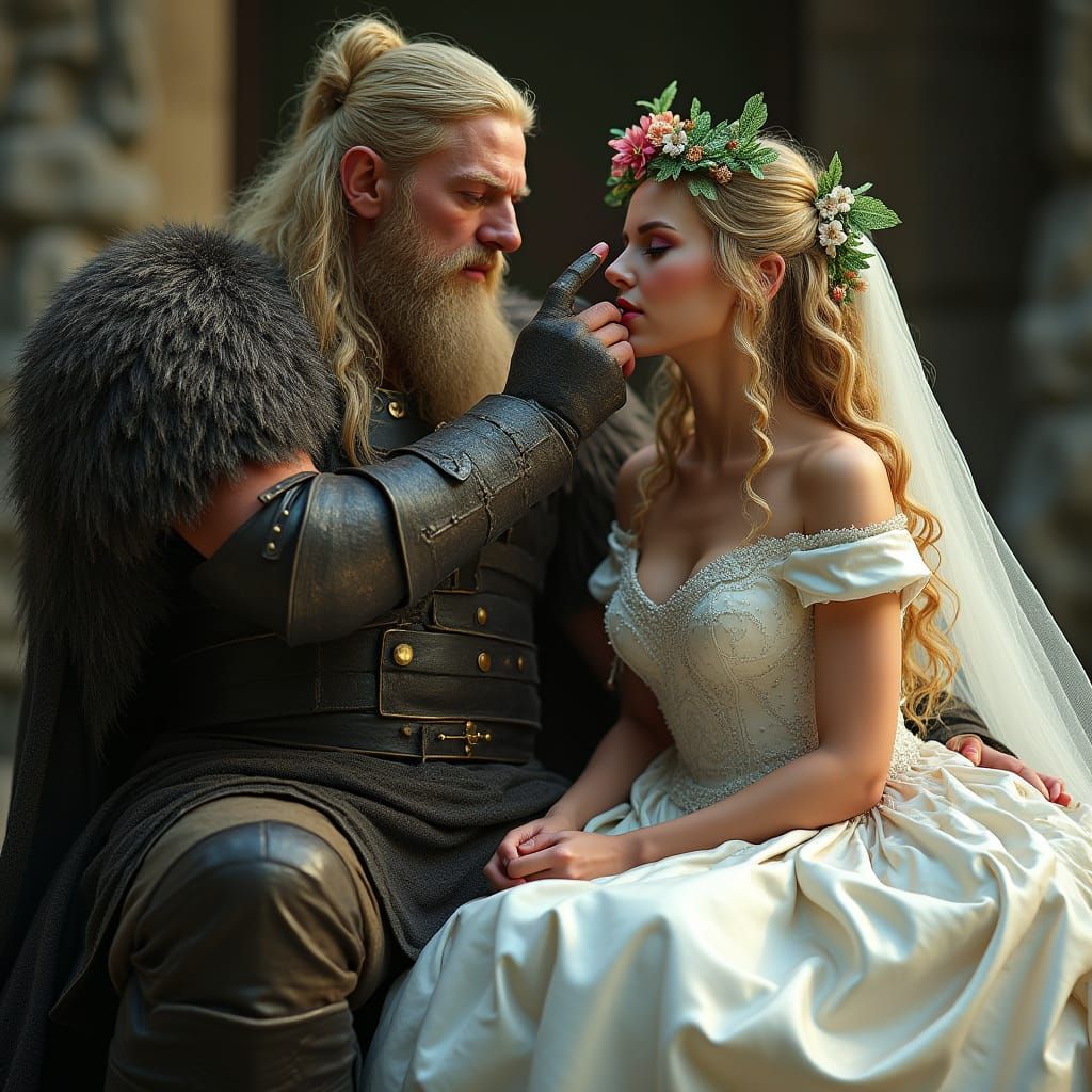 Viking King and Bride in Regal, Whimsical Wedding Scene