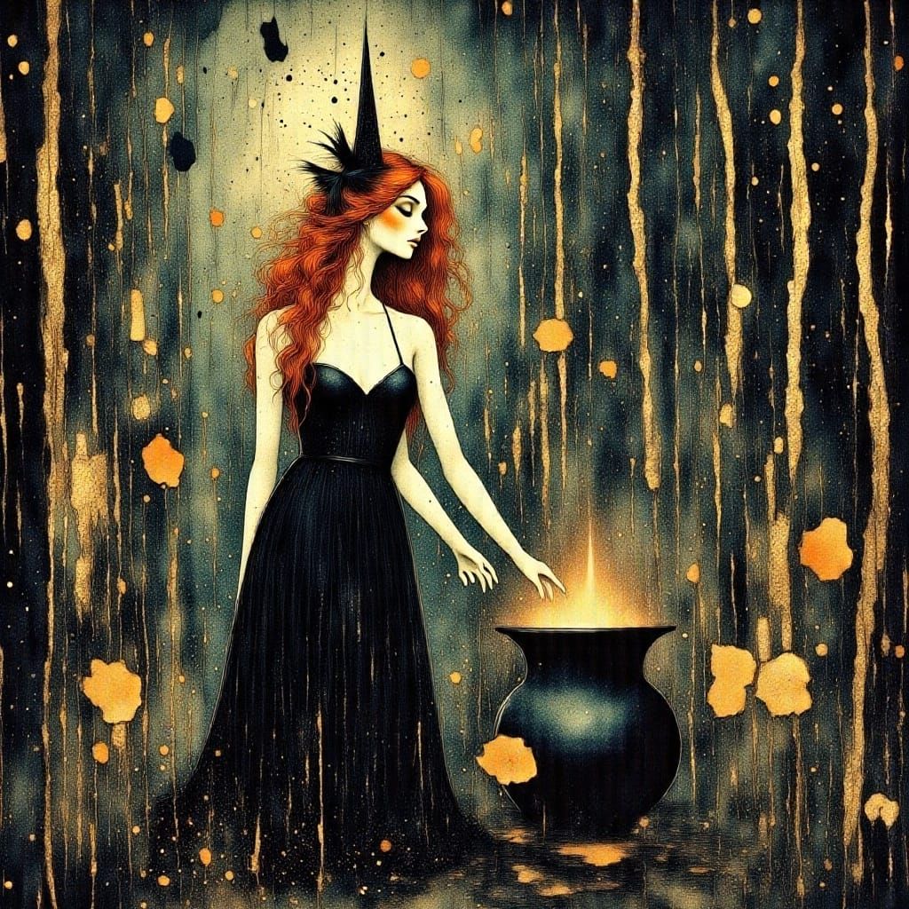 Surreal Witch Brewing Potion in Forest, Oil on Canvas