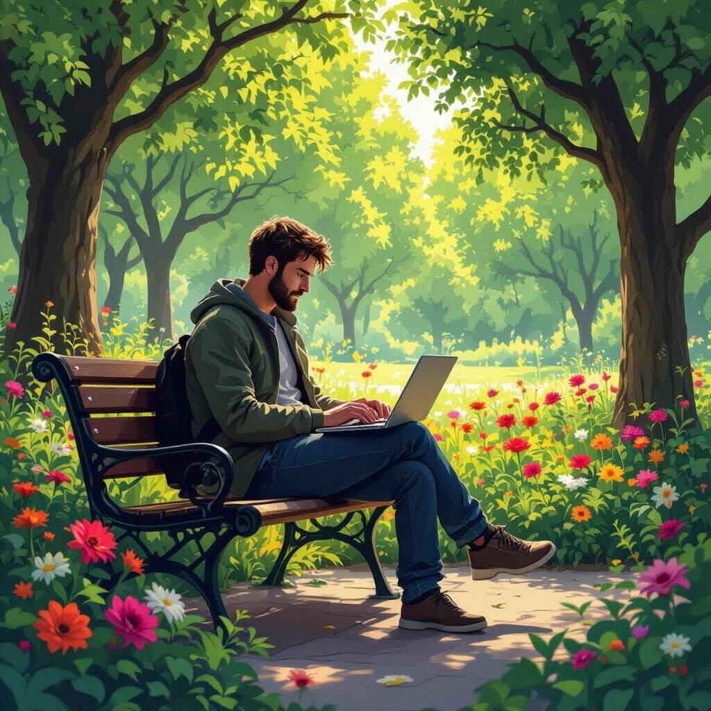 Man Typing on Laptop in Serene Park Nature Scene