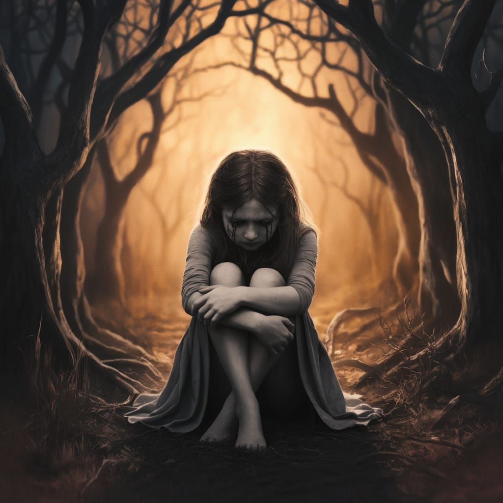 Girl in Eerie Forest Clearing, Contorted with Sorrow