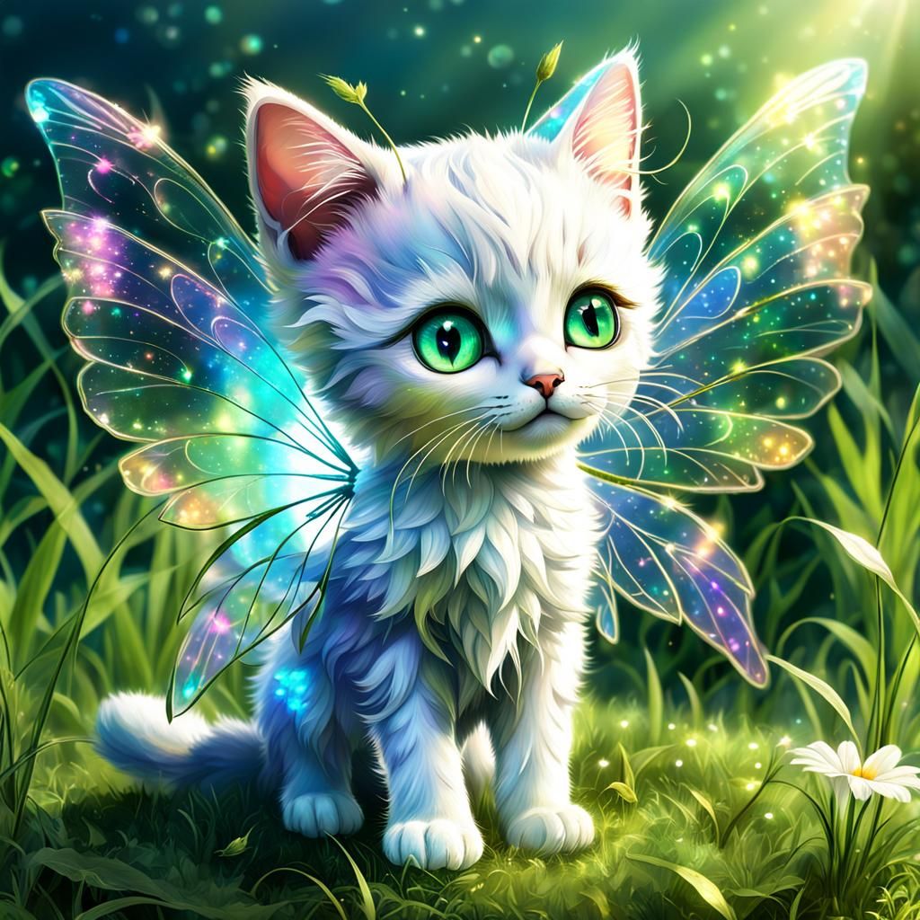 Holographic Kitten Fairy with Translucent Wings