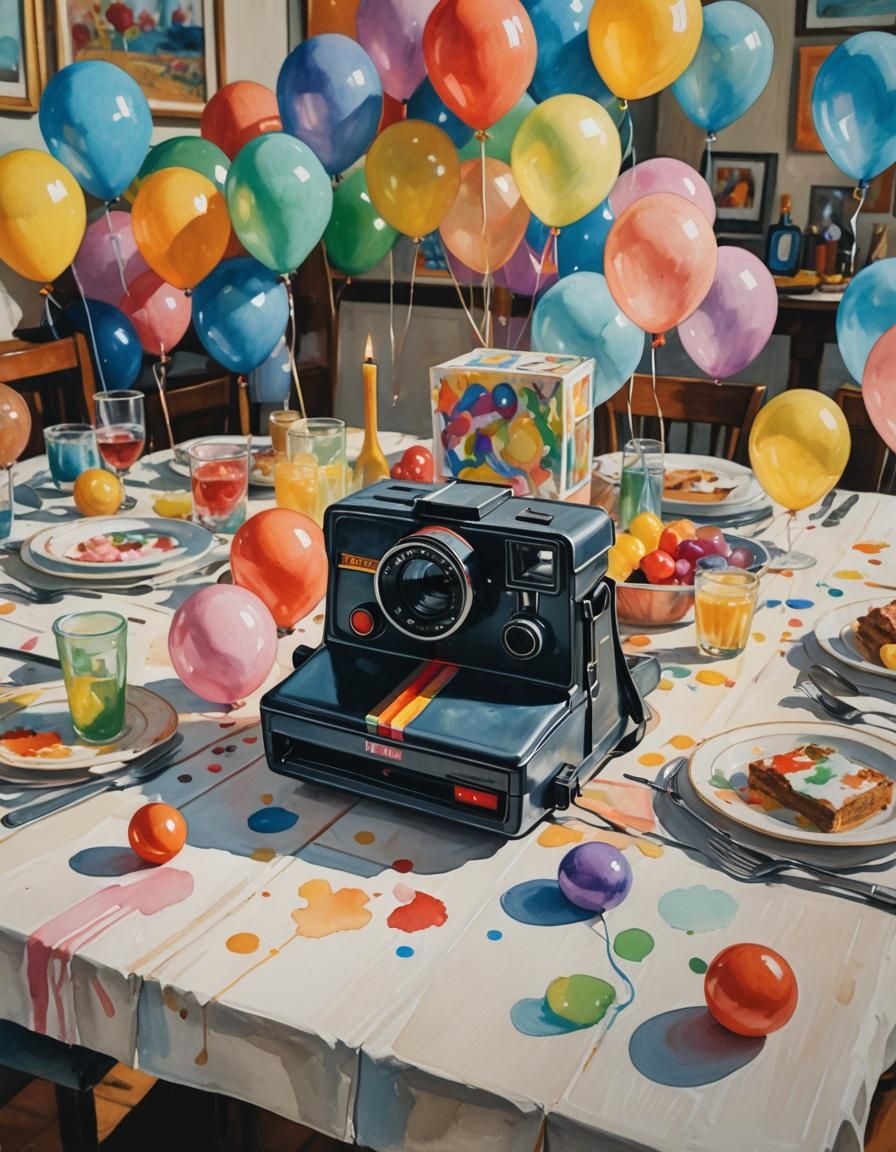 Polaroid Camera with Balloons in Gouache Style