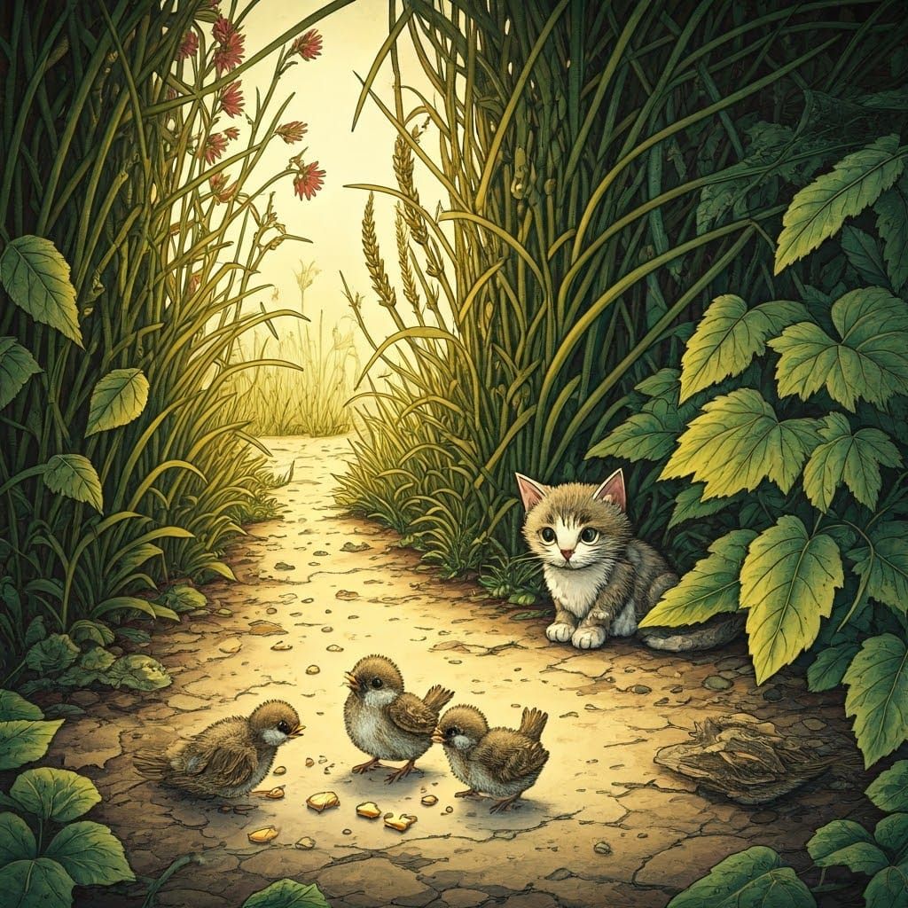 Fluffy Sparrows in Overgrown Garden, Illustration Style