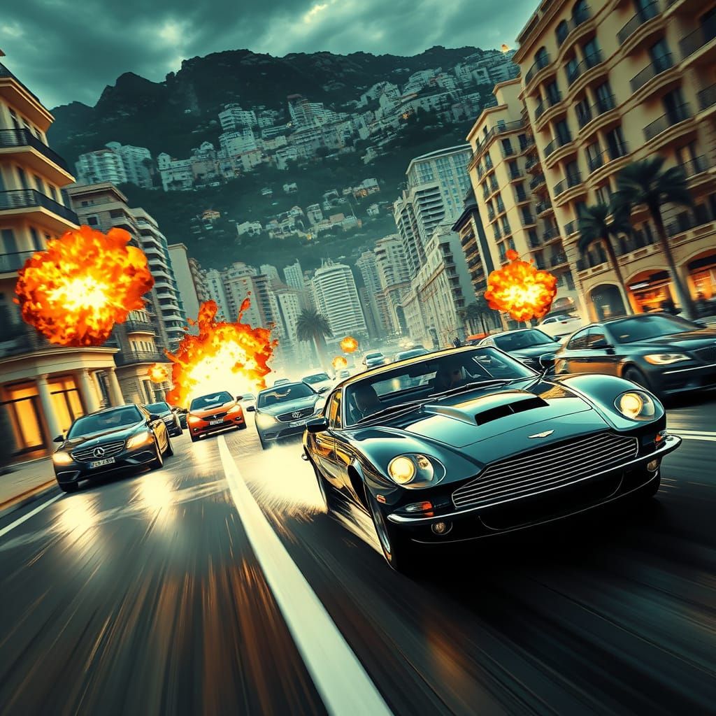 A high-speed chase scene from a James Bond film, with Bond d...