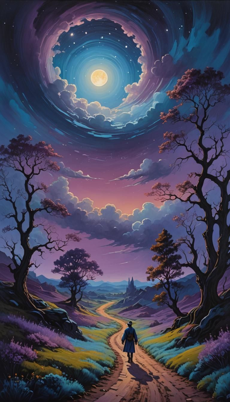 Mystical Traveler on Moonlit Path in Zaffre Hues