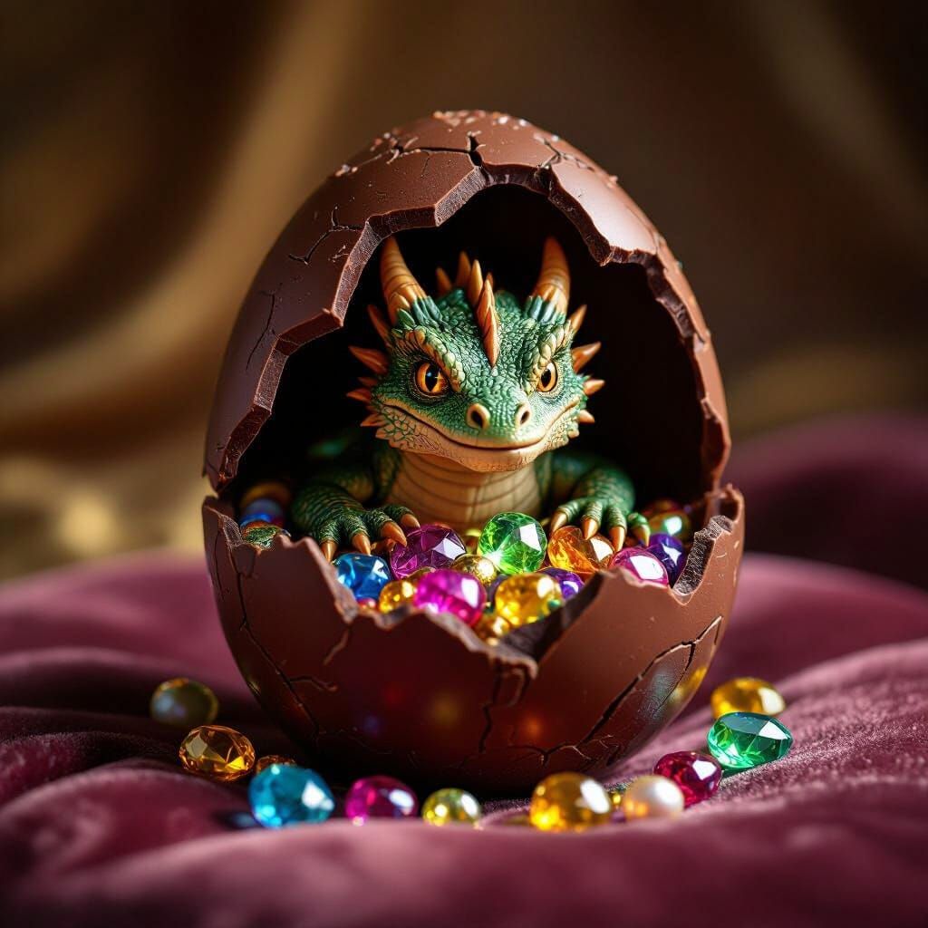 A miniature dragon peers out from a cracked chocolate egg