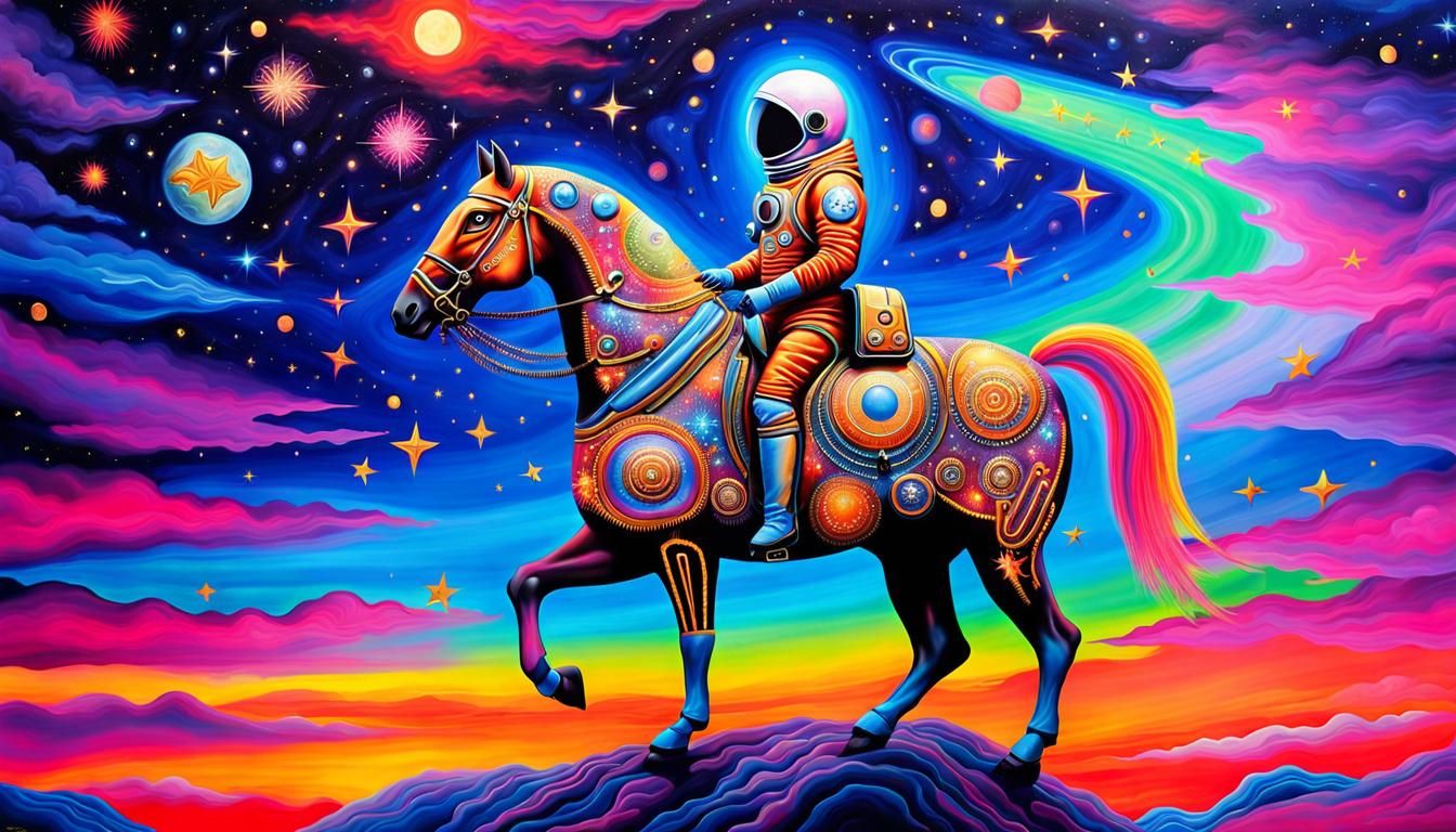 Astronaut and Luminescent Horse in Neon-Punk Sky