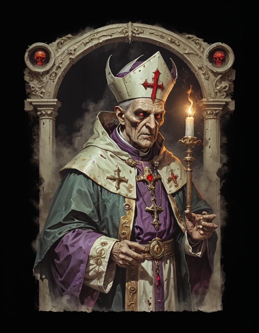 Evil Bishop with Decayed Face and Demons