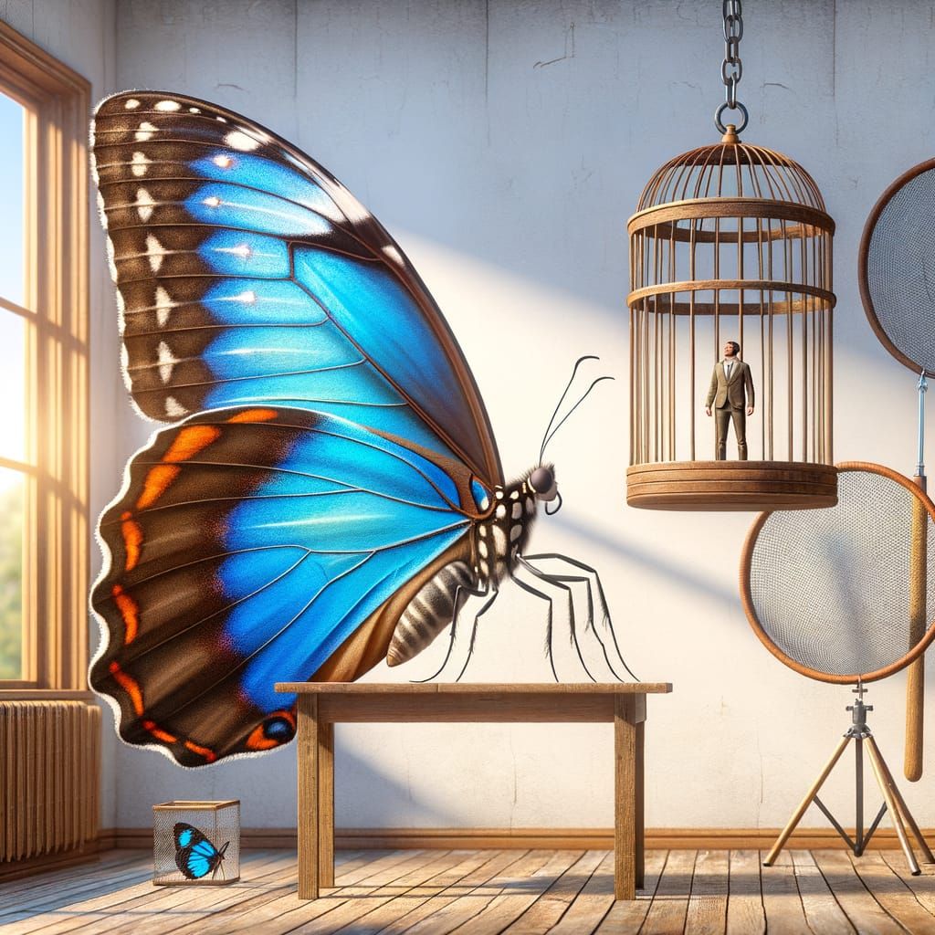 Giant Blue Morpho Butterfly Observes Human Bug Catchers in a...